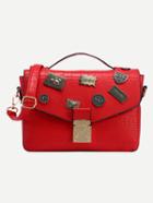 Romwe Crocodile Embossed Charm Embellished Flap Bag - Red
