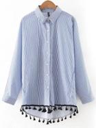 Romwe Blue And White Stripe High Low Tassel Blouse