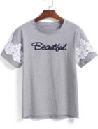 Romwe Grey Short Sleeve Lace Letters Print T-shirt