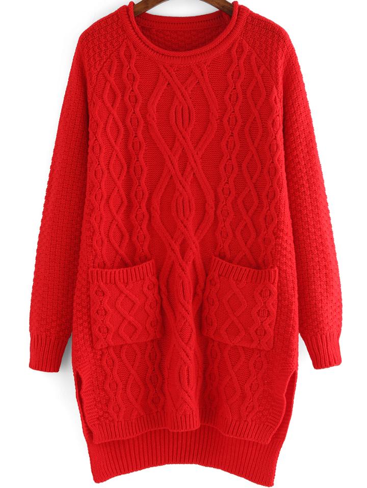 Romwe Diamond Patterned Dip Hem Red Sweater Dress