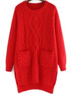 Romwe Diamond Patterned Dip Hem Red Sweater Dress