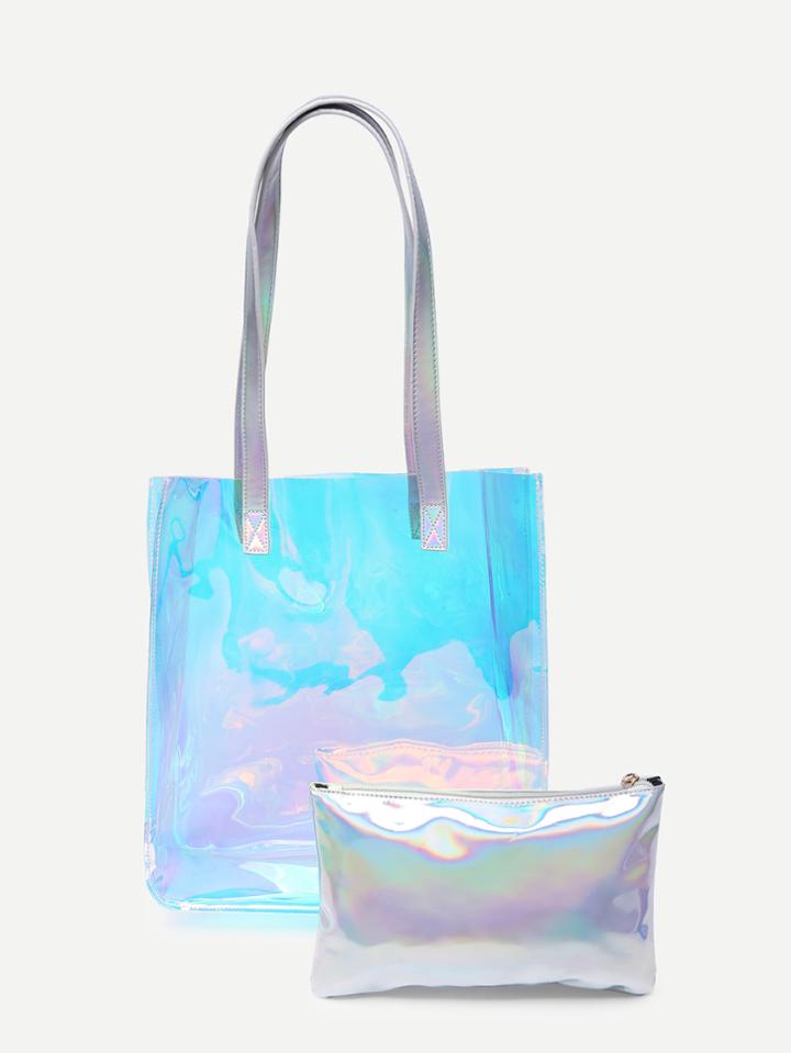 Romwe Iridescent Pu Tote Bag With Clutch