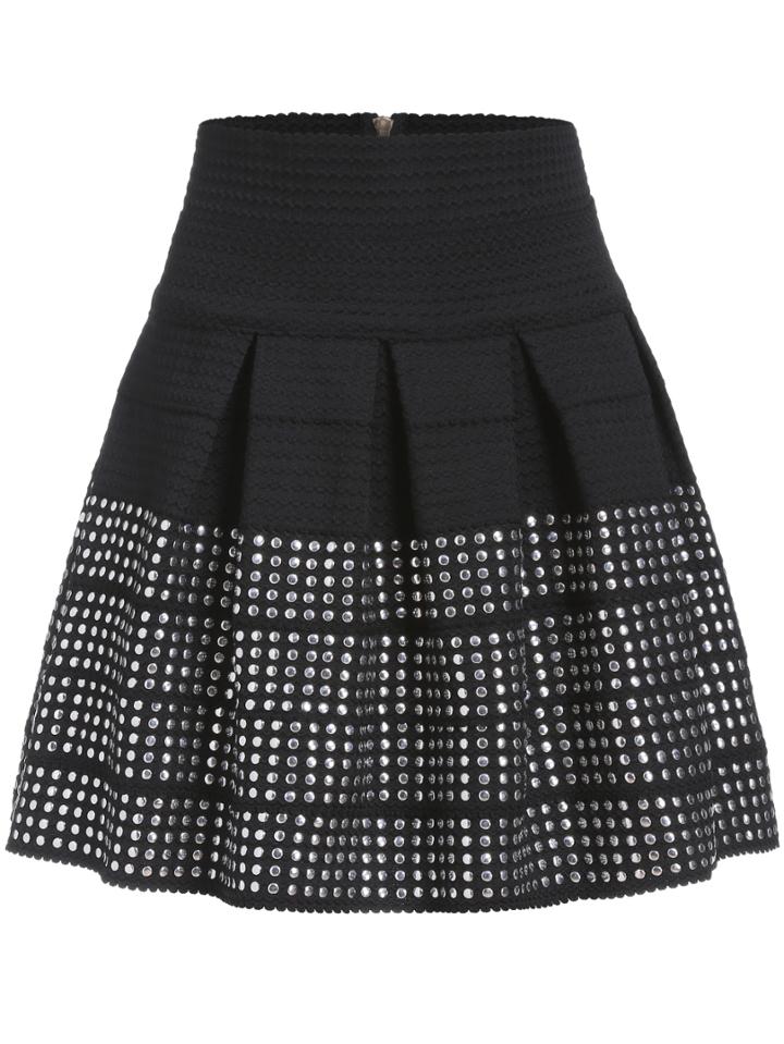 Romwe High Waist Bead Zipper Flare Skirt