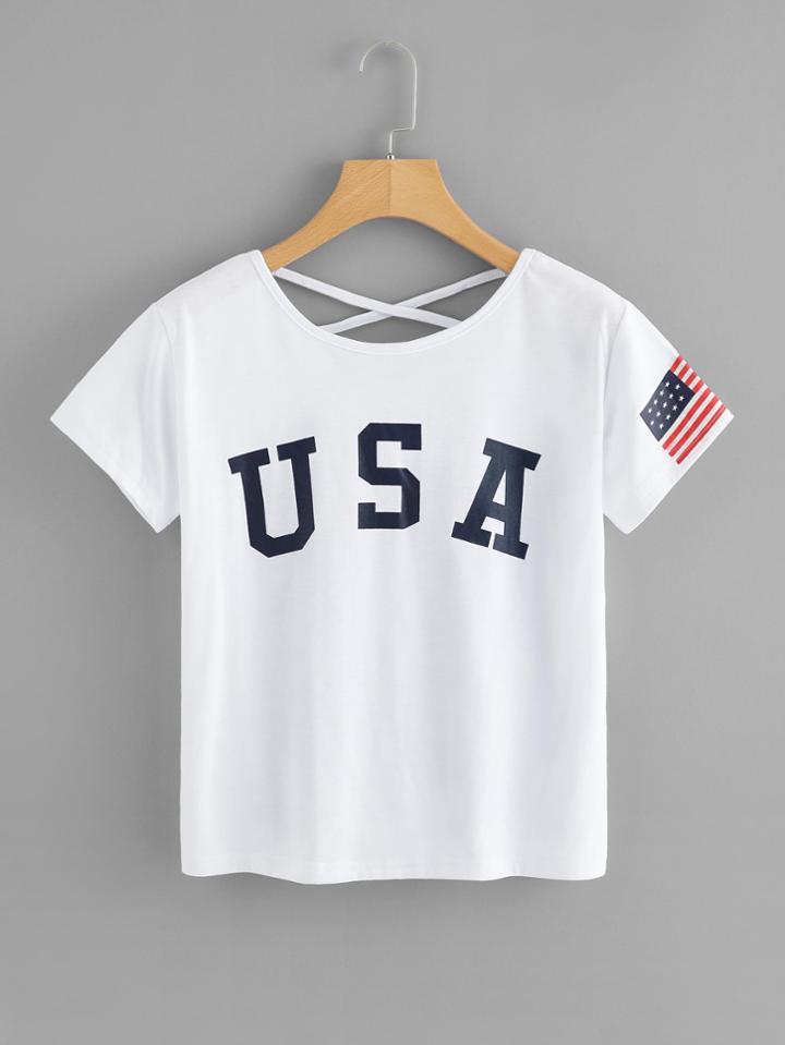 Romwe American Flag Print Criss Cross Back Tee