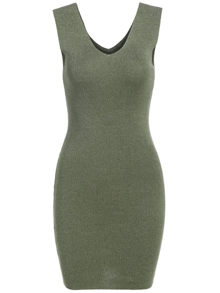 Romwe V Neck Knit Bodycon Green Dress
