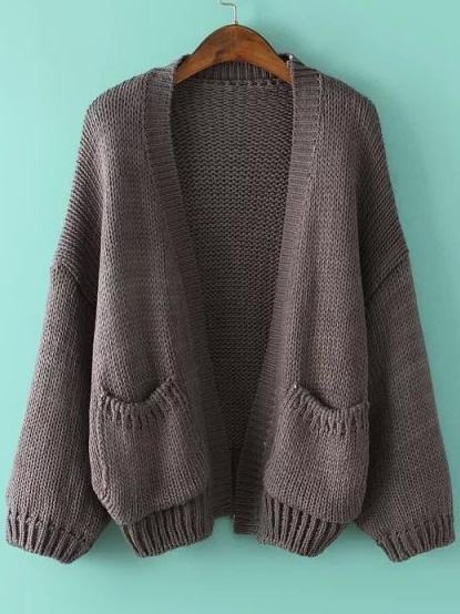 Romwe Puff Sleeve With Pockets Khaki Cardigan