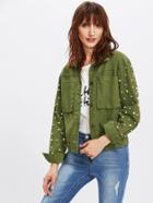 Romwe Patch Pocket Front Pearl Beading Jacket