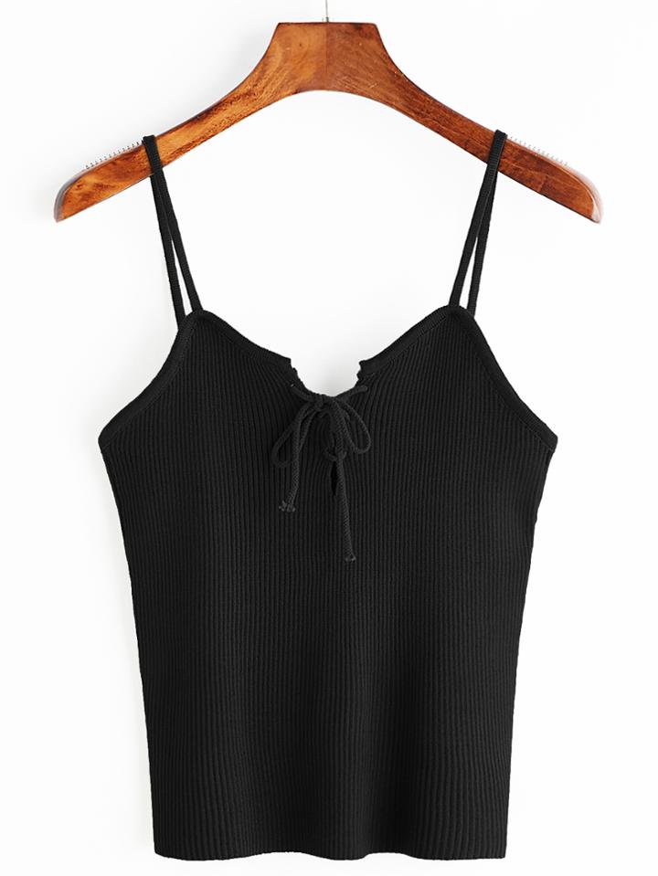 Romwe Black Lace Up Front Ribbed Knitted Cami Top