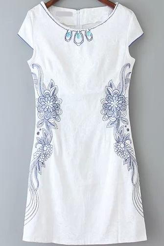 Romwe Cap Sleeve With Zipper Embroidered Straight Blue Dress