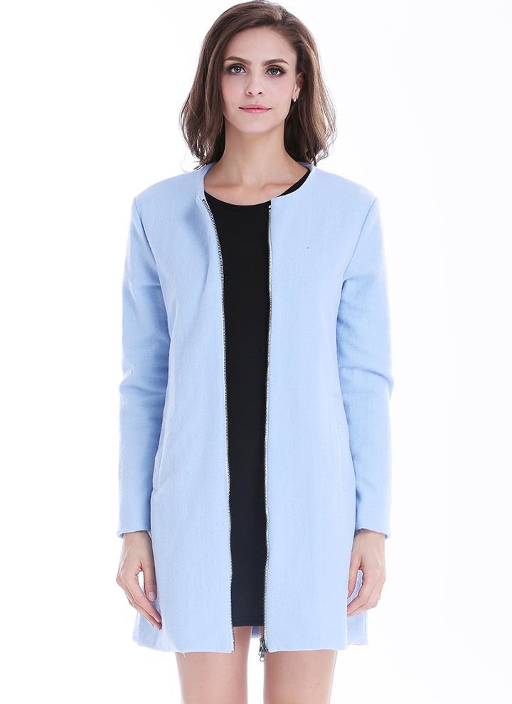 Romwe Long Zipper Woolen Pockets Coat