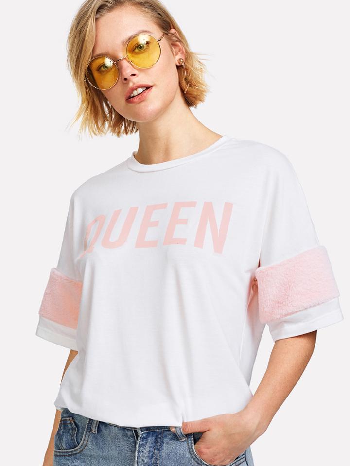 Romwe Faux Fur Panel Letter Print Tee