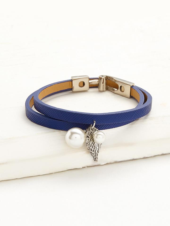 Romwe Faux Pearl Detail Double Layer Pu Bracelet