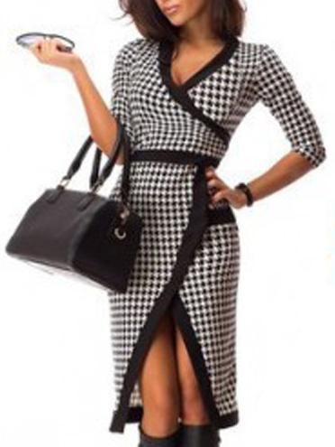 Romwe Deep V Neck Houndstooth Wrap Dress