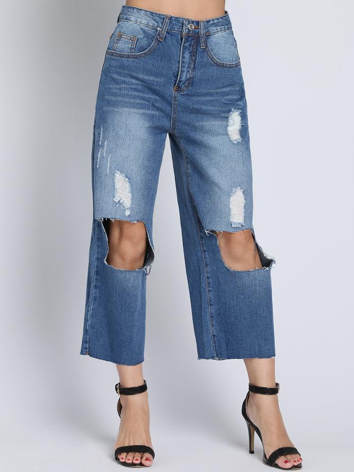 Romwe Bleached Ripped Wide Leg Denim Pant