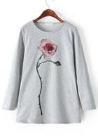 Romwe Rose Print Loose Grey Sweatshirt