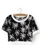 Romwe Tropicals Print Crop Black T-shirt