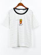 Romwe Contrast Neck French Fries Embroidered Striped T-shirt - Black