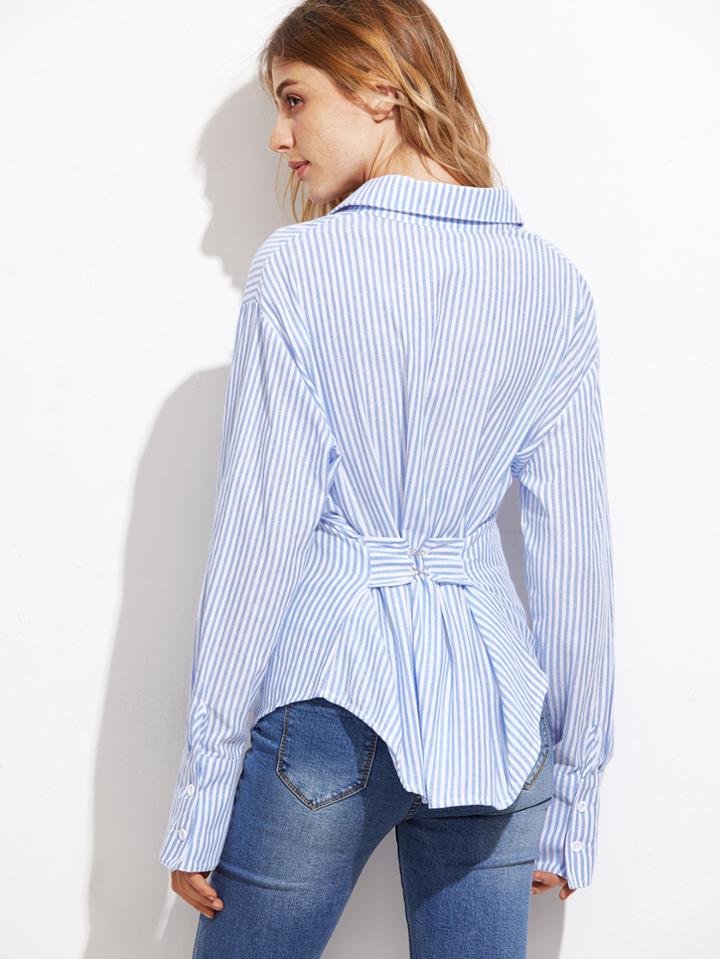 Romwe Striped Pockets Hook And Eye Back Button Blouse