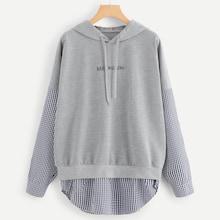 Romwe Drawstring Hoodie Letter Print Plaid Panel Sweatshirt
