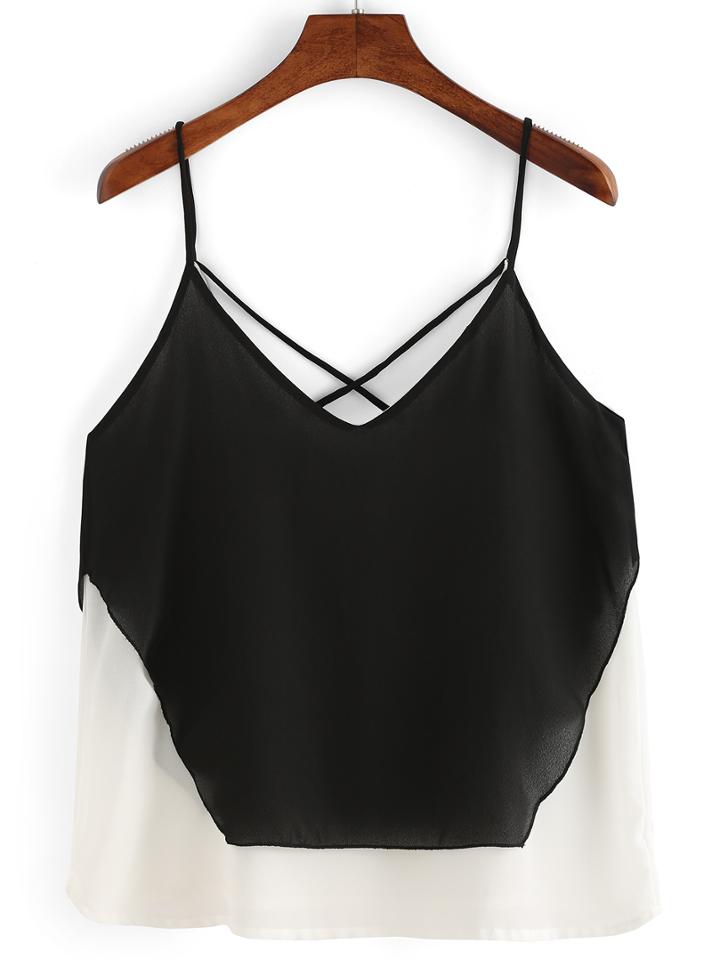 Romwe Contrast Black Spaghetti Strap Chiffon Cami Top