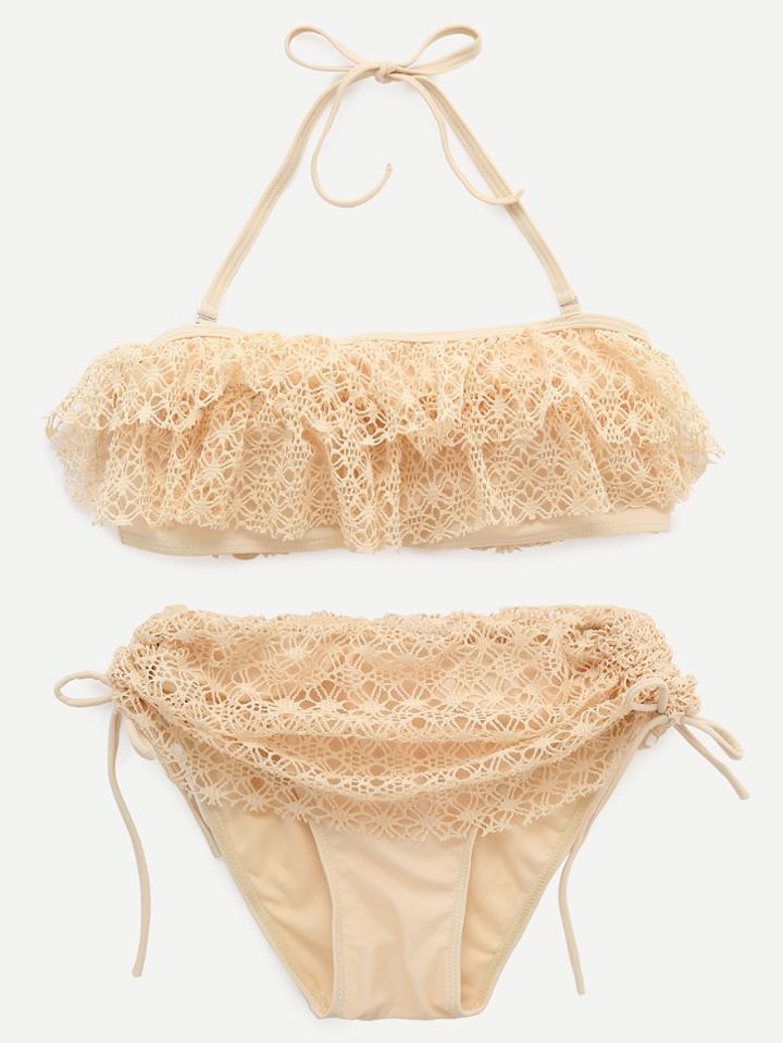 Romwe Beige Lace Overlay Ruffle Bandeau Bikini Set