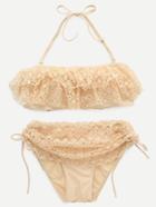 Romwe Beige Lace Overlay Ruffle Bandeau Bikini Set