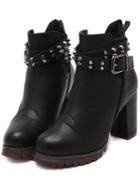 Romwe Black Buckle Strap Studded High Heeled Boots
