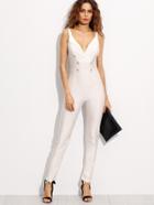 Romwe White Deep V Neck Double Breasted Jumpsuit