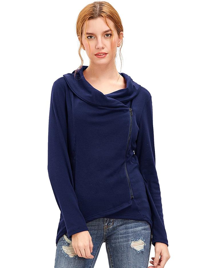 Romwe Navy Cowl Neck Asymmetric Zip Coat