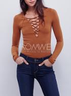 Romwe Orange Long Sleeve Lace Up T-shirt