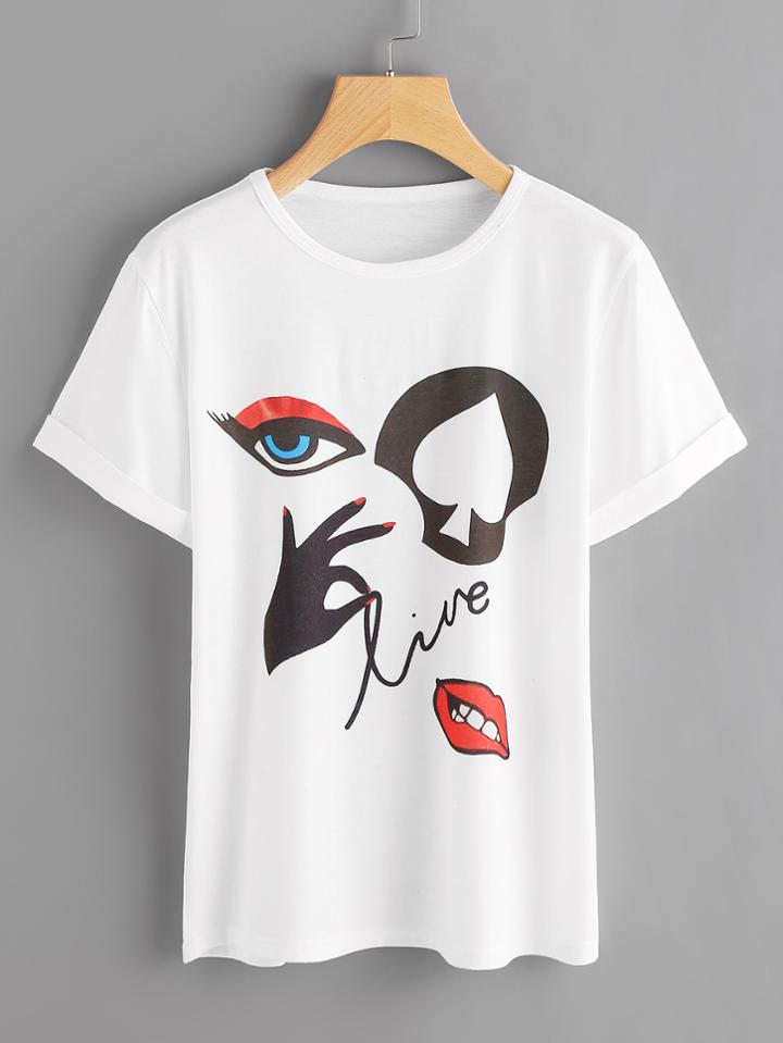 Romwe Abstract Print Cuffed T-shirt