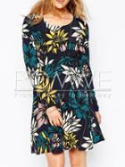 Romwe Navy Long Sleeve Floral Dress