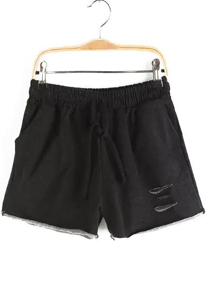 Romwe Drawstring Cut Out Denim Black Shorts