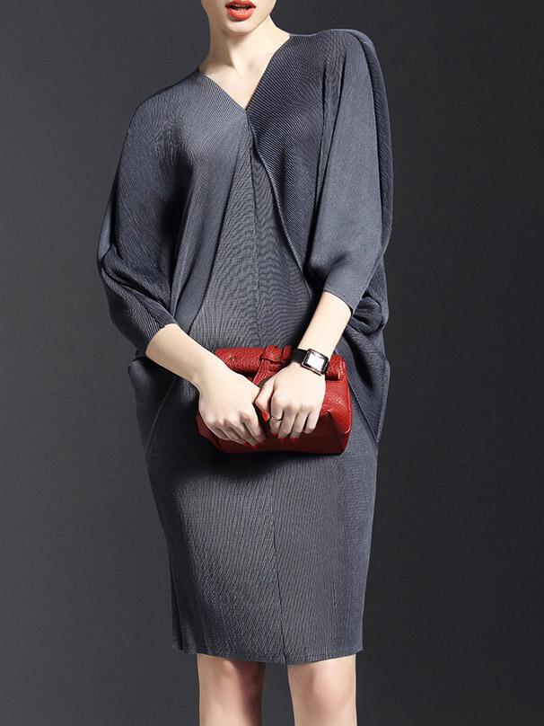 Romwe Grey V Neck Backless Batwing Sleeve Knit Dress