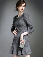 Romwe Grey Round Neck Length Sleeve Ruffle Dress