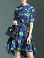 Romwe Blue Tie-waist Print High Low Dress