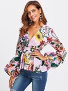 Romwe Mixed Print Plunging Peplum Top