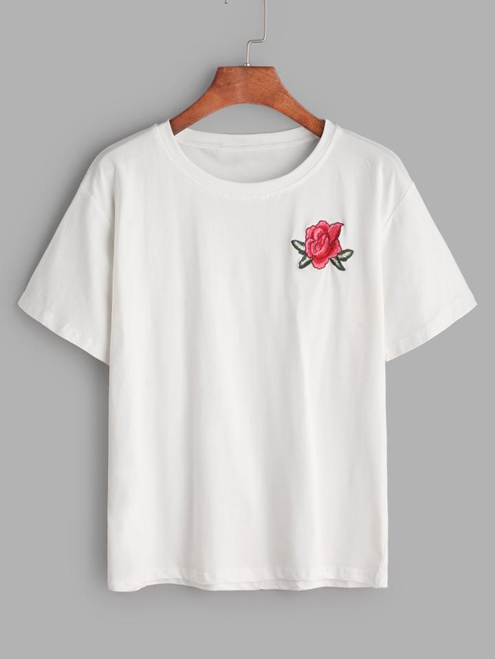Romwe White Flower Embroidered T-shirt