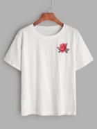 Romwe White Flower Embroidered T-shirt