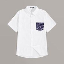 Romwe Guys Flamingo Print Pocket Patched Shirt