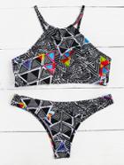 Romwe Black Geometric Print Bikini Set