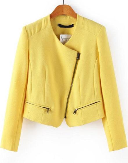 Romwe Oblique Zipper Crop Yellow Coat