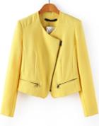 Romwe Oblique Zipper Crop Yellow Coat