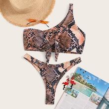 Romwe Snakeskin One Shoulder Top With High Cut Bikini