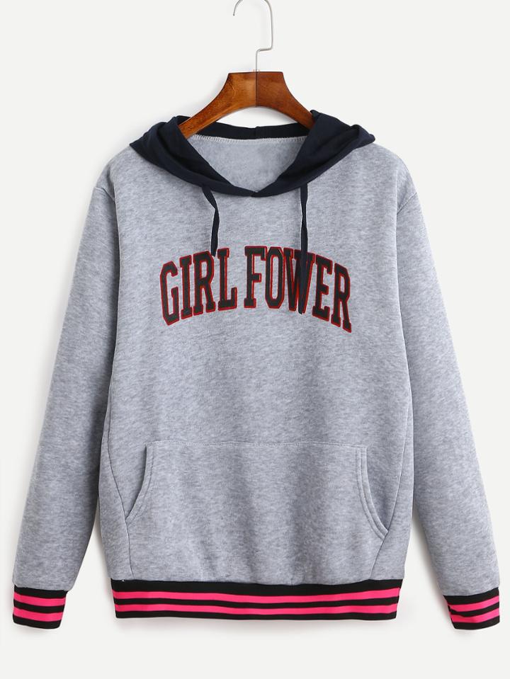 Romwe Grey Letter Print Striped Contrast Hooded Sweatshirt