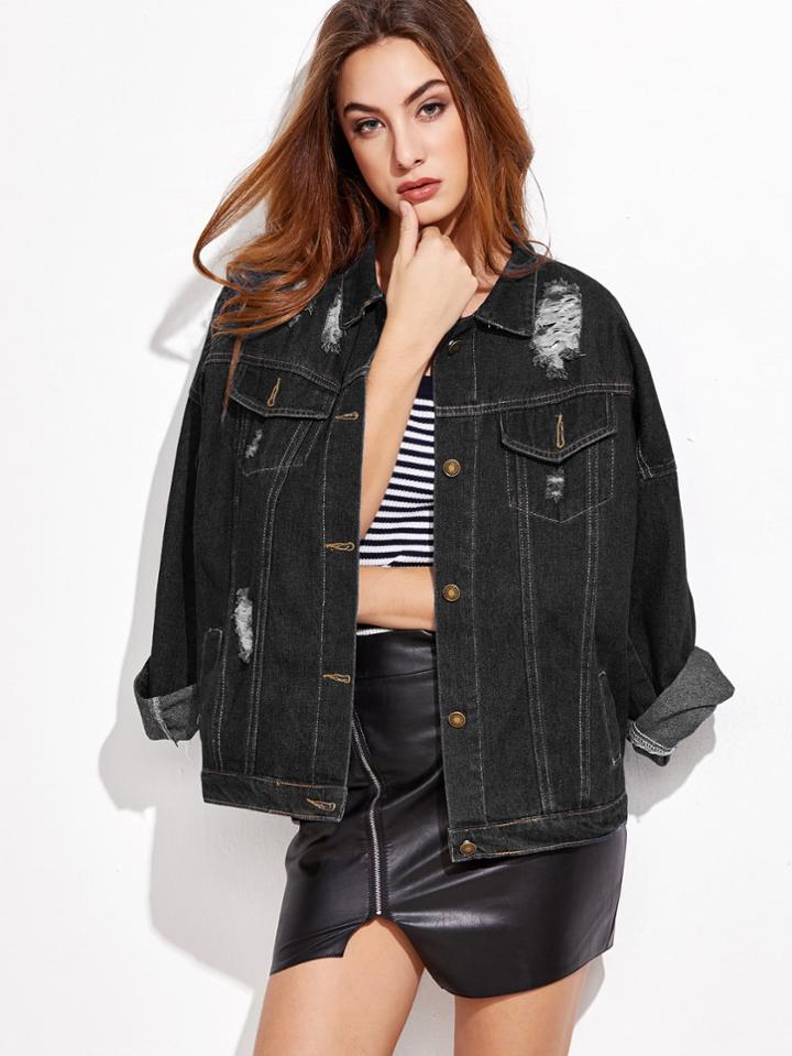 Romwe Ripped Drop Shoulder Stitch Detail Denim Jacket