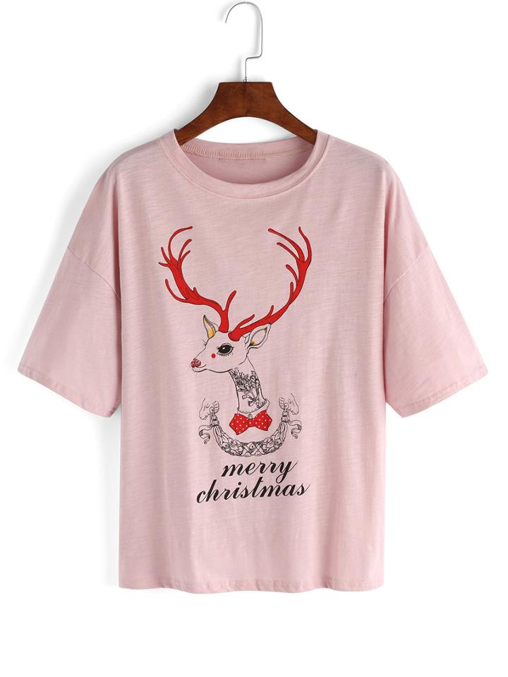 Romwe Elk Print White T-shirt - Pink