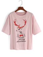 Romwe Elk Print White T-shirt - Pink