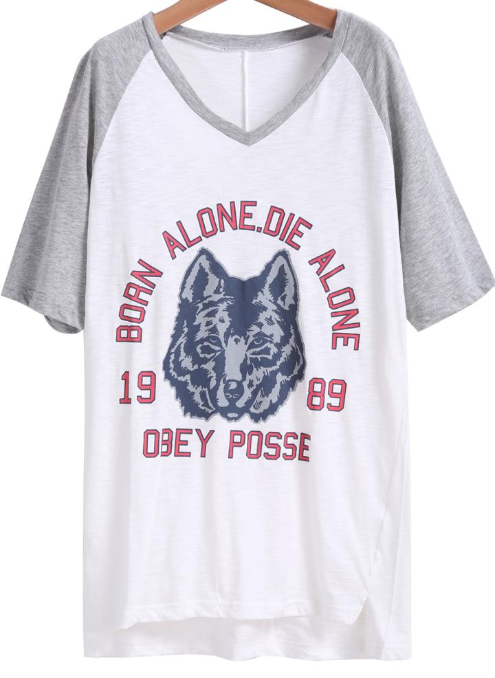 Romwe V Neck Dip Hem Wolf Print Grey T-shirt