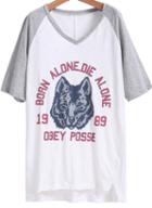 Romwe V Neck Dip Hem Wolf Print Grey T-shirt
